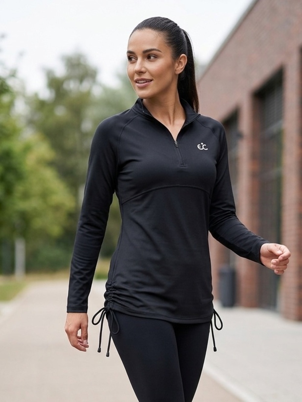 Ewedoos Black Long-Sleeve Athletic Half-Zip Top with Side Ties